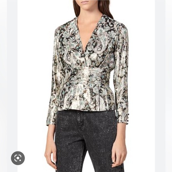 Sandro Marine Metallic Botanical Jacquard Blouse - Picture 7 of 13